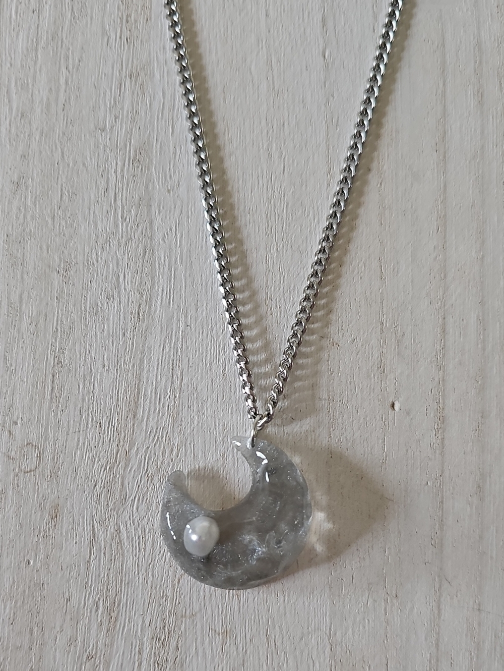 Silver Gray Crescent Moon Pendant Necklace with Pearl Accent